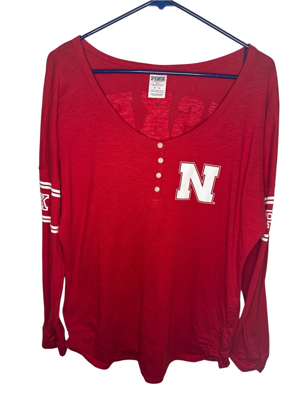 Victoria's Secret PINK University of Nebraska Huskers Long Sleeve Henley Top M